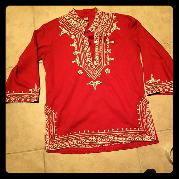Mystical Fashions Tops - Red 3/4 Sleeve Linen Blouse from India